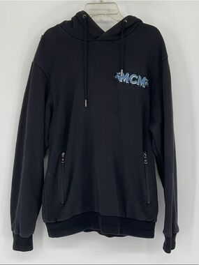 MCM Black Cotton Hoodie Wave Logo Patch Zip Pockets | Size M | Hoodie Only